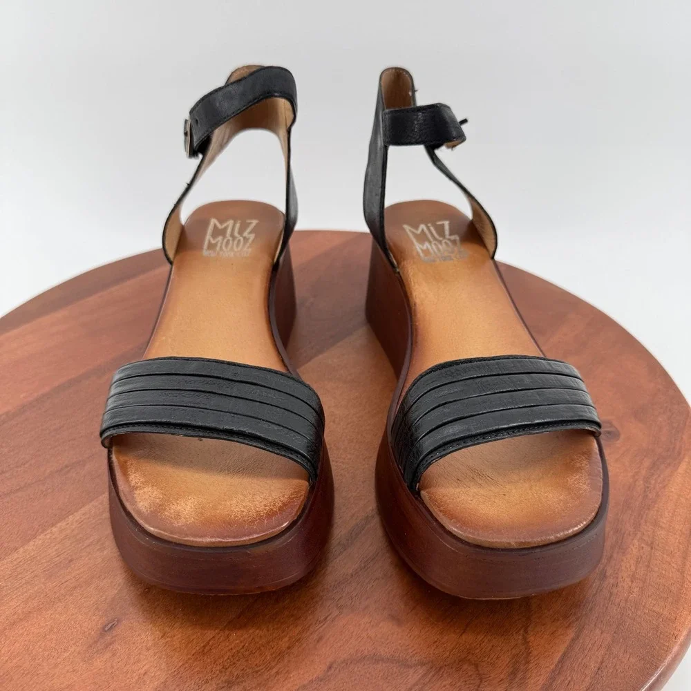Miz Mooz Gwyneth Black Leather Platform Wedge Sandals Womens EU‎ 42/US 10.5-11